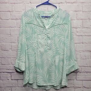 NEW Kim Rogers Woven Tropical Print Blouse Womens XL Palm Leaf Boho Beach Travel